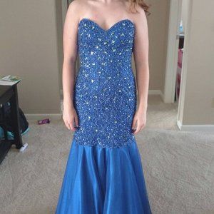 Royal Blue Beaded Strapless Lace  Up Gown